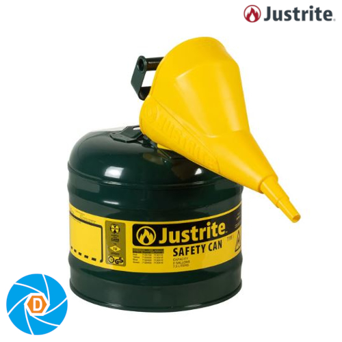 JUSTRITE 7120410 2 Gallon Steel Safety Can for Oil, Type I, Funnel, Flame Arrester, Green